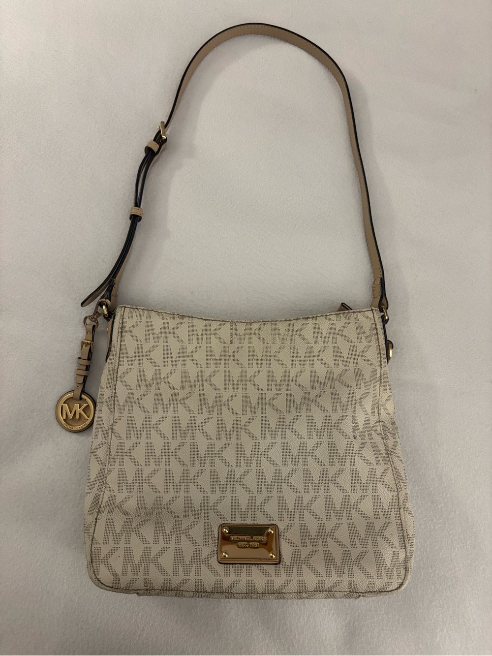 Michael Kors Beige MK Logo Shoulder Bag with Gold Hardware